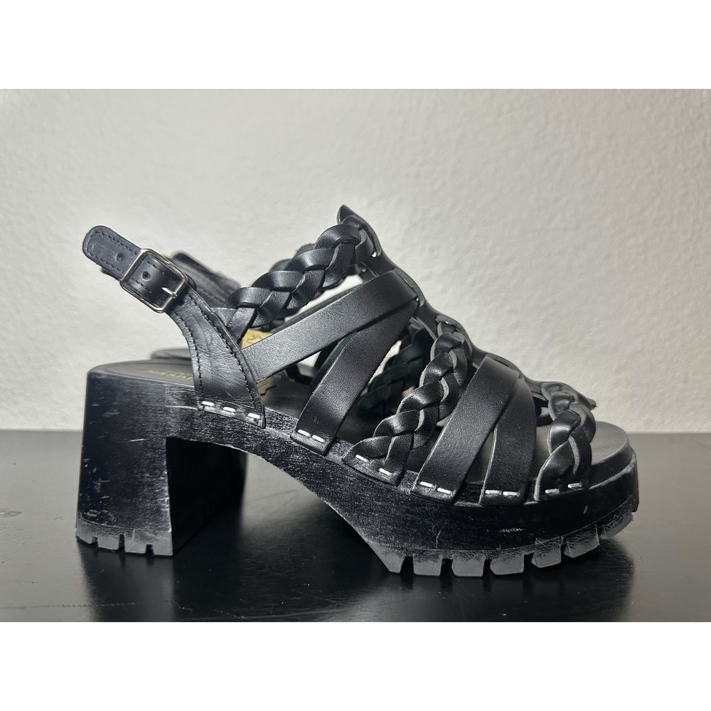 Swedish Hasbeens Madde New Strap Sandals Black Leather Hand Braided EU 37